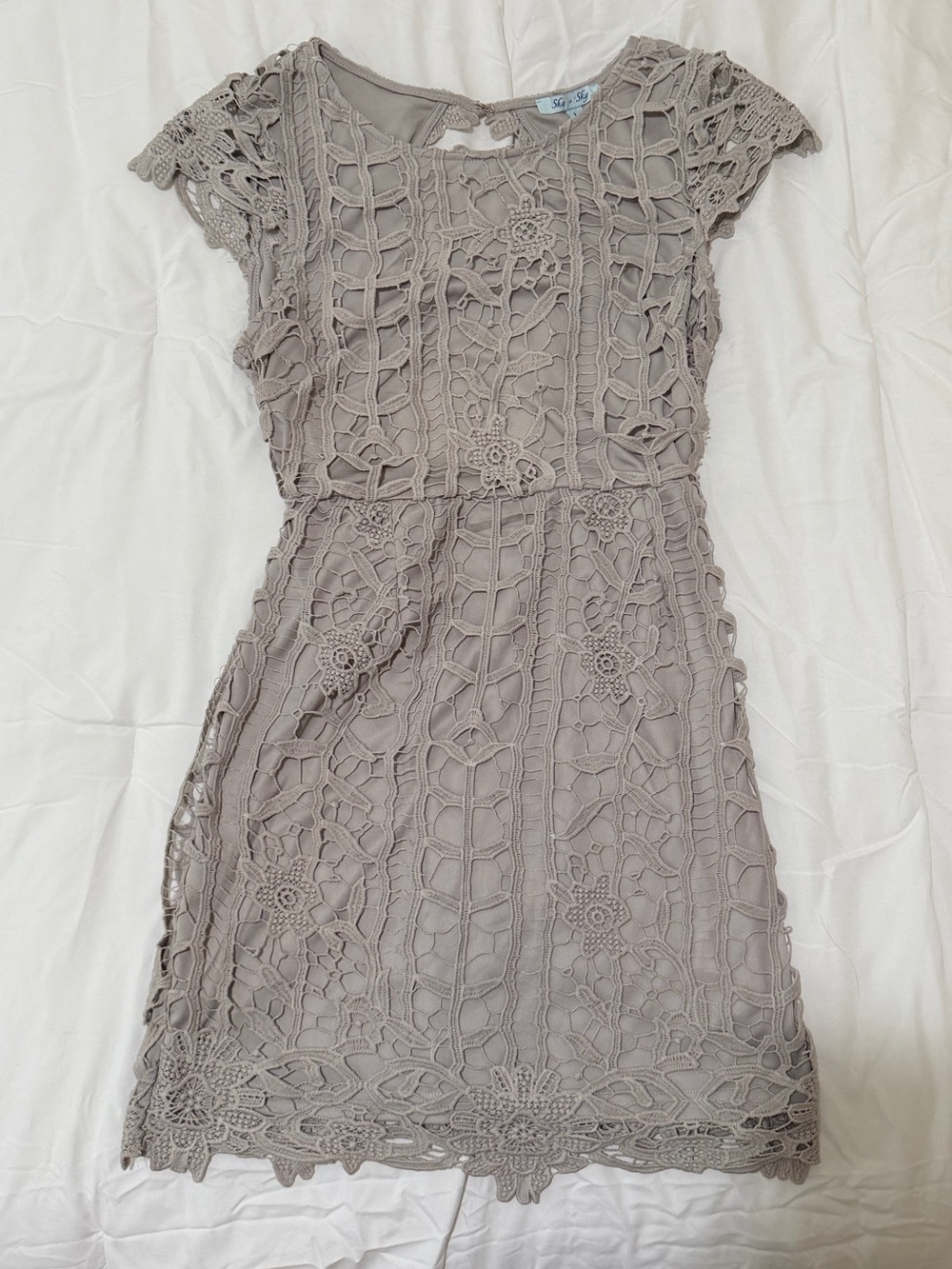 She + Sky Grey Lace Crochet Open Back Mini Dress Size L